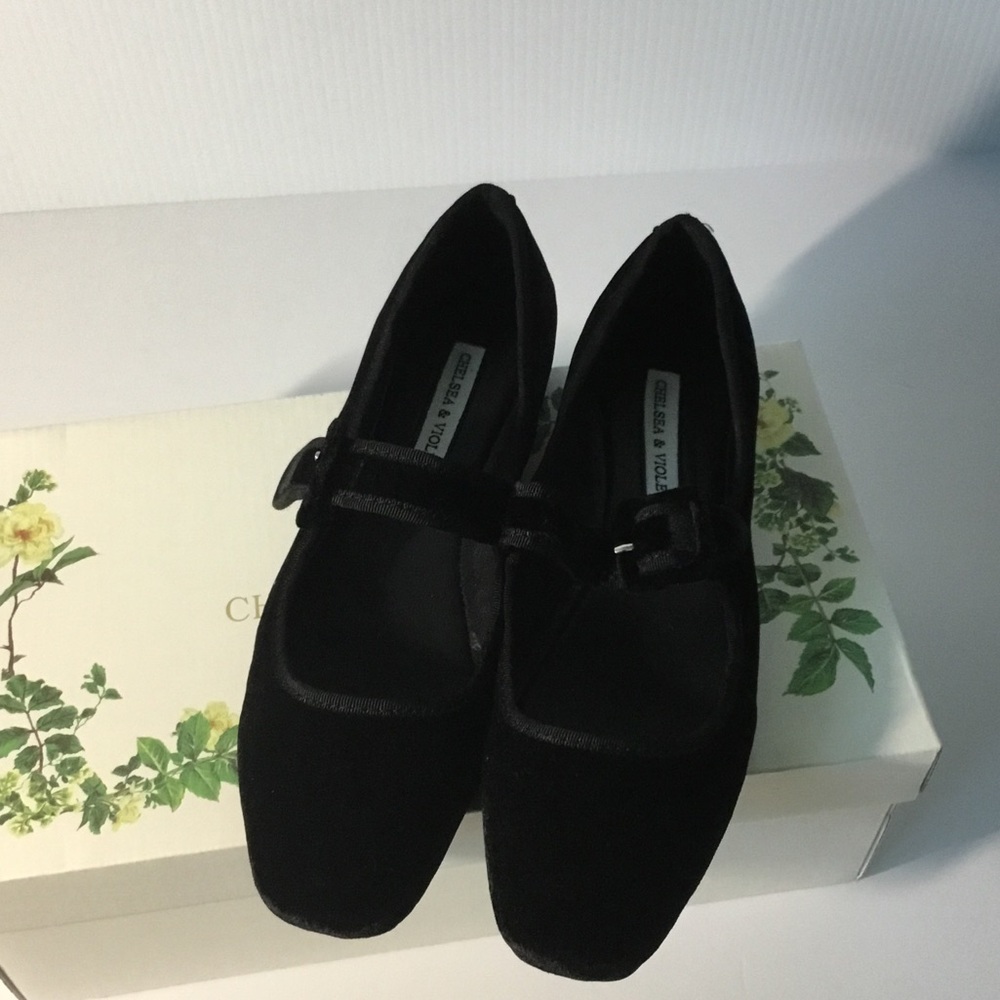 Chelsea and Violet Black Velvet Mary Jane Flats